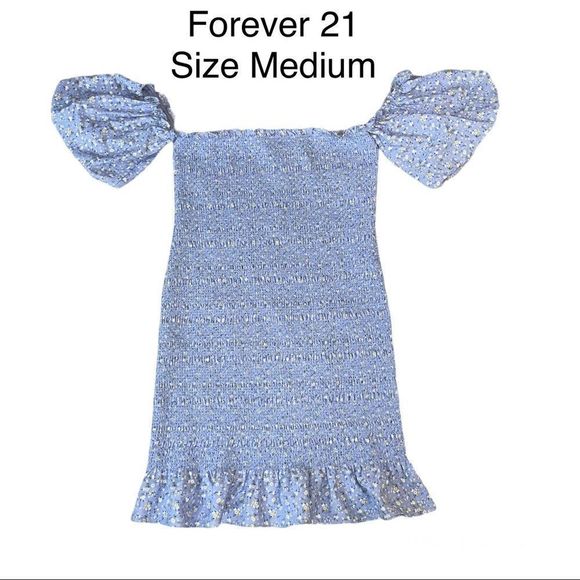 NWT Forever 21 Periwinkle Puff Sleeve Ruffle Hem Shirred Dress Size Medium - Picture 1 of 5